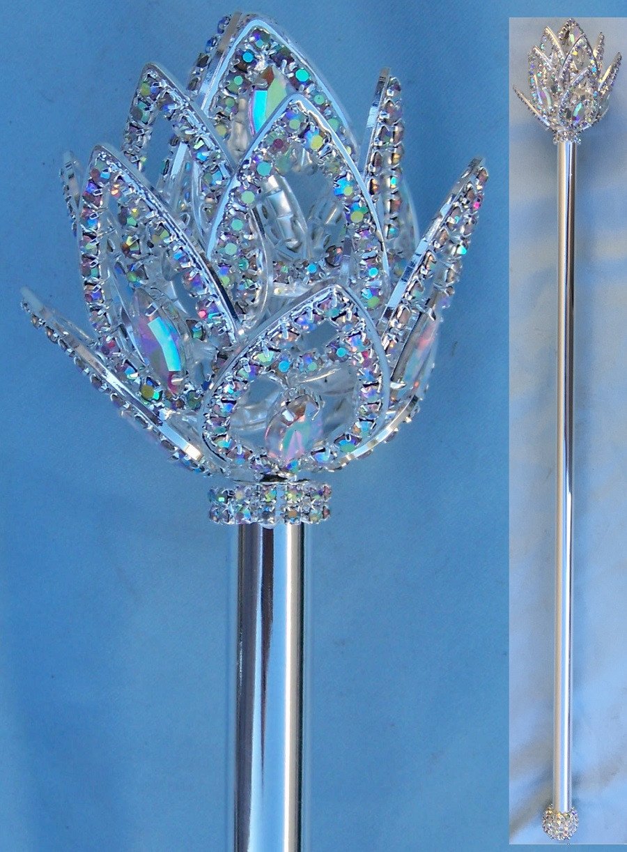 Aurora Borealis Imperial Royal Fleur Rhinestone Silver Scepter - CrownDesigners