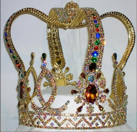 The Royal Stanislaus Crown King Full Mens Rhinestone Aurora Borealis Gold Crown - CrownDesigners