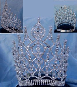 Large Beauty Pageant Rhinestone Adjustable Contoured Pearl Silver Crown