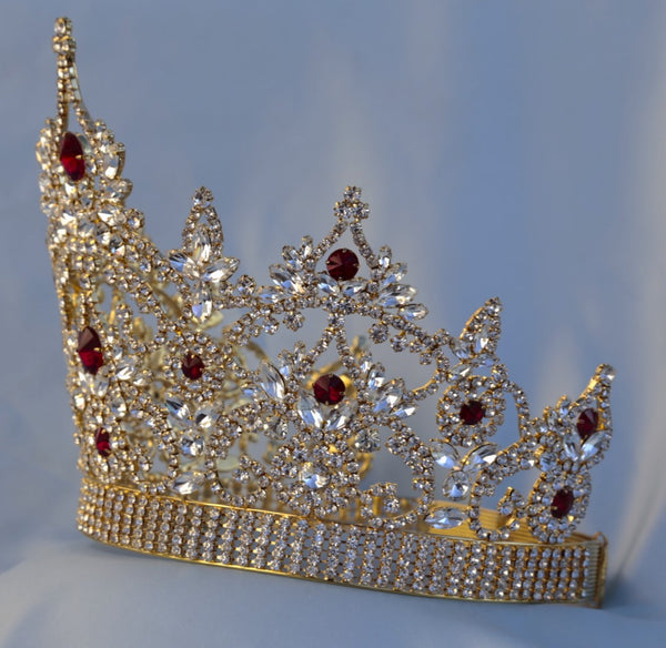 Continental Adjustable Gold Ruby Rhinestone Crown Tiara