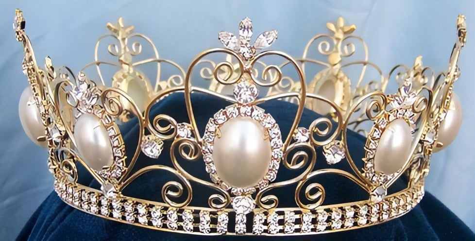 Rhinestone Queen King Full Gold Rhinestone and Pearl Crown
