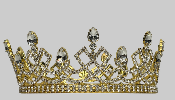 A gold tiara full rcrown embellished with clear rhinestones and crystal-like gemstones, 