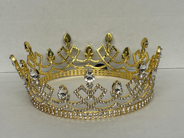Gold crown full tiara with clear rhinestones