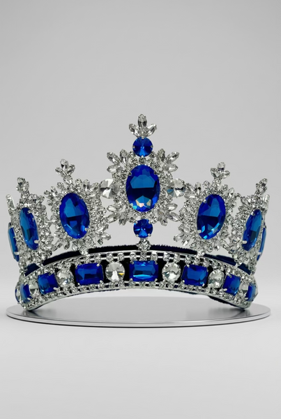 Rhinestone Adjustable Clear Contoured Royal Premium Silver Blue Sapphire  Crown