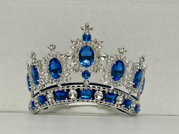 Rhinestone Adjustable Clear Contoured Royal Premium Silver Blue Sapphire  Crown