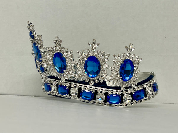 Rhinestone Adjustable Clear Contoured Royal Premium Silver Blue Sapphire  Crown