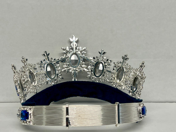 Rhinestone Adjustable Clear Contoured Royal Premium Silver Blue Sapphire  Crown