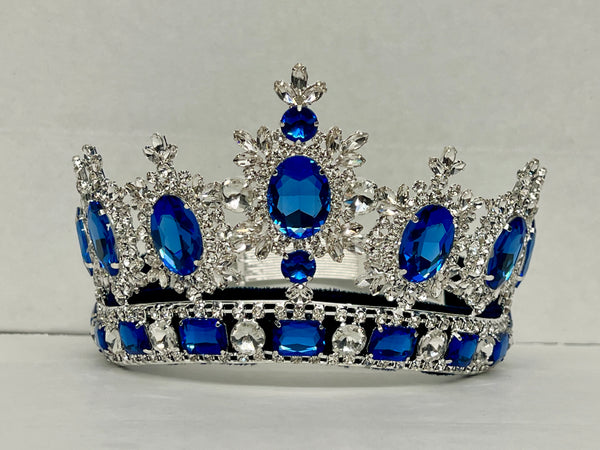 Rhinestone Adjustable Clear Contoured Royal Premium Silver Blue Sapphire  Crown