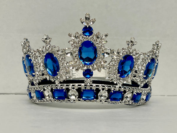 Rhinestone Adjustable Clear Contoured Royal Premium Silver Blue Sapphire  Crown