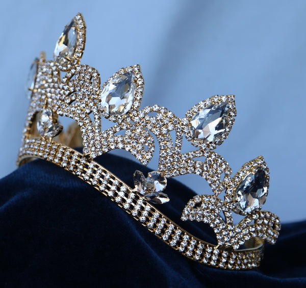 Gold Adjustable Rhinestone Contoured Crown Tiara