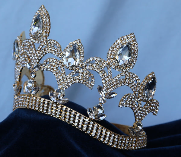 Gold Adjustable Rhinestone Contoured Crown Tiara