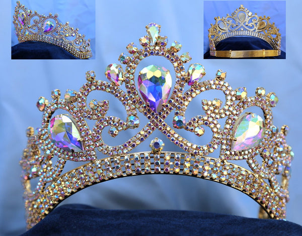 Aurora Borealis Gold Contoured Rhinestone Crown Tiara Apparel & Accessories