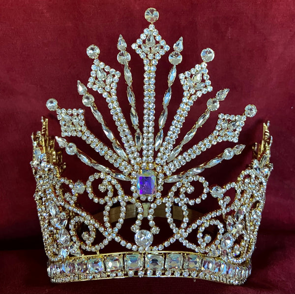 Beauty Pageant Rhinestone Crown Tsarina Alexandra Fedorovna Gold Romanov Contoured AB LARGE Queen