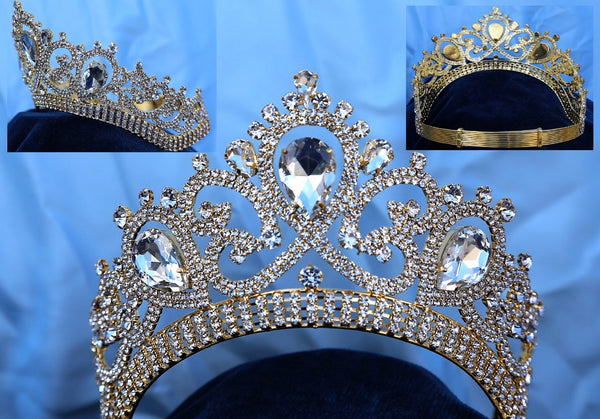 Gold Contoured Rhinestone Crown Tiara Apparel & Accessories