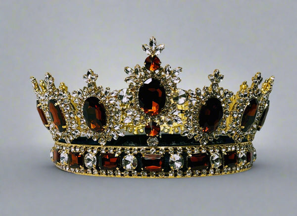 Men's Unisex Rhinestone Gold Full Dark Amber Royal Premium Crown MASCULINE/King/Crown,LARGE Queen