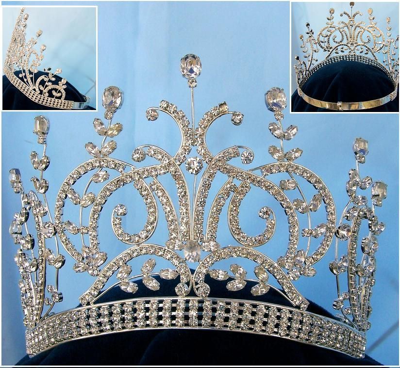 Large Silver Leaey-Spray 1905 English Rhinestone Pageant Crown Tiara - CrownDesigners