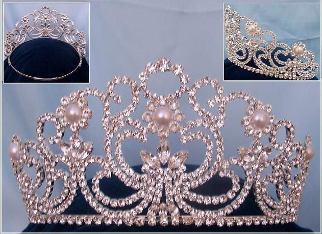 Adjustable Rhinestone Silver Savoy Pearl Crown Tiara - CrownDesigners