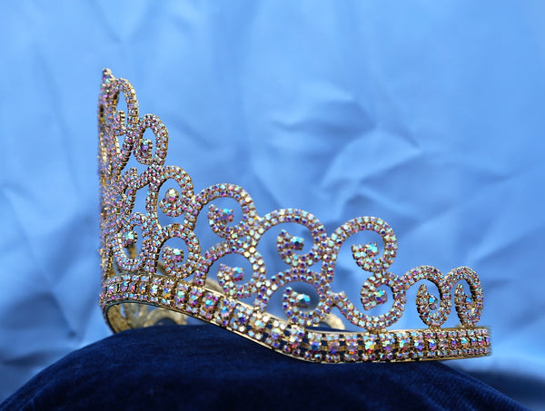 Adjustable Rhinestone Gold Aurora Borealis Crown Tiara
