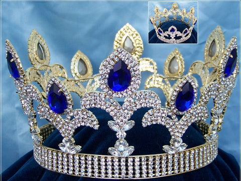 The Millenium rhinestone  UNISEX full gold Blue Sapphire  crown - CrownDesigners