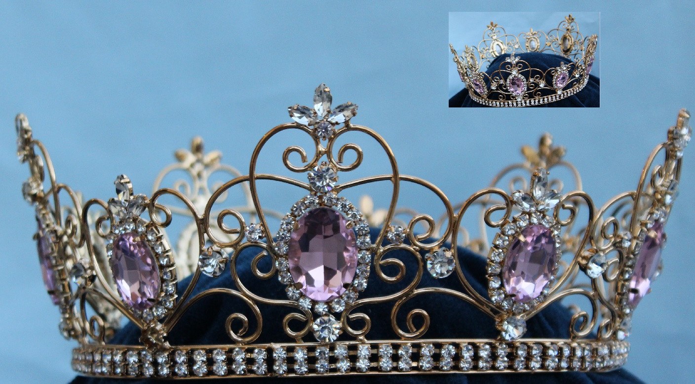 Rhinestone Imperial Celtic Light  Pink Unisex gold Full Crystal Crown - CrownDesigners