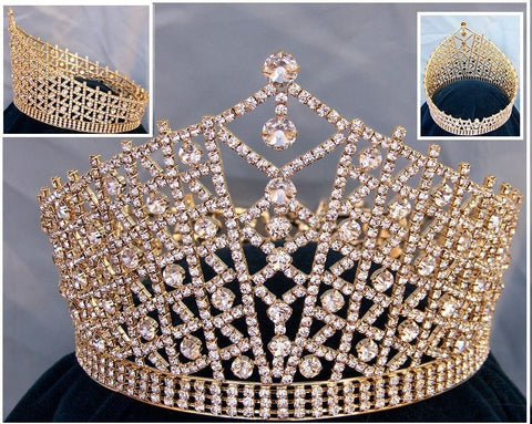 Miss Beauty Pageant Queen Rhinestone Gold full Crown Tiara - CrownDesigners