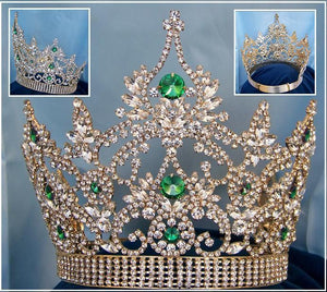 Continental Adjustable Gold Emerald Rhinestone Crown Tiara - CrownDesigners