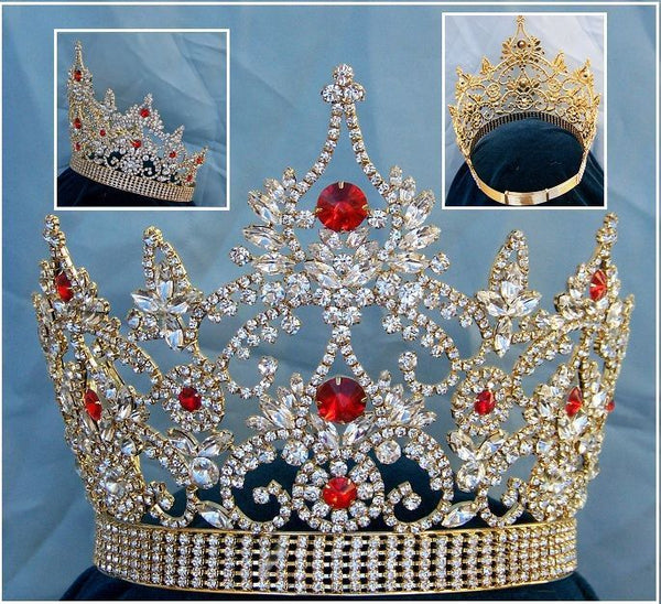 Continental Adjustable Gold Ruby Rhinestone Crown Tiara - CrownDesigners
