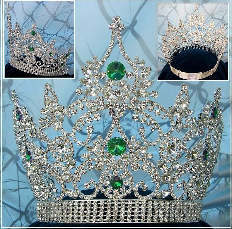 Continental Adjustable Silver Green Emerald Rhinestone Crown Tiara - CrownDesigners