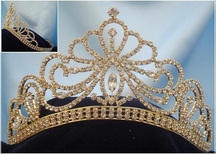 Miss Beauty Pageant Queen Bridal Rhinestone Gold Crown Tiara - CrownDesigners