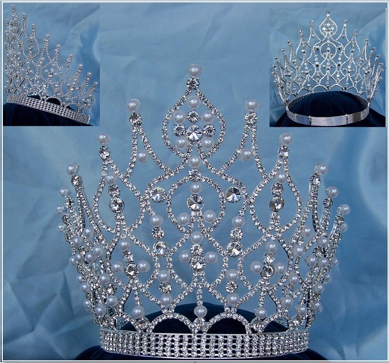 Large Beauty Pageant Rhinestone Adjustable silver Pearl crown - CrownDesigners