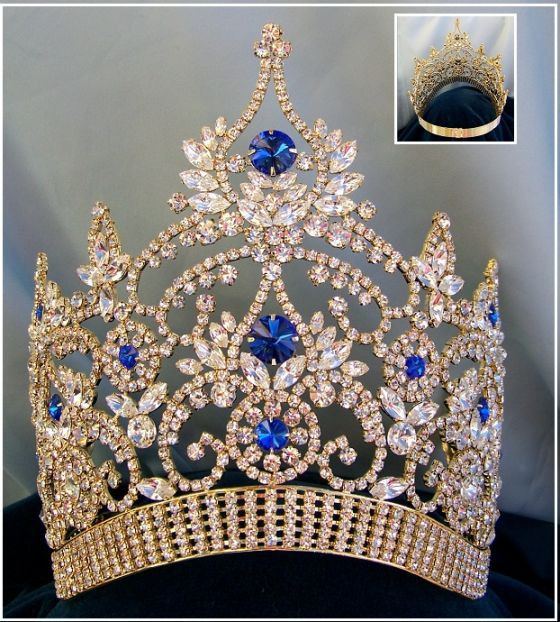Continental Adjustable Contoured Gold Blue Sapphire Rhinestone Crown - CrownDesigners
