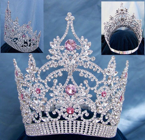 Continental Adjustable Contoured Silver Pink Rhinestone Crown - CrownDesigners