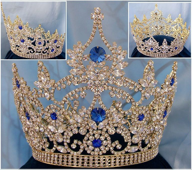 Continental Blue Sapphire Gold Rhinestone Full Crown - CrownDesigners