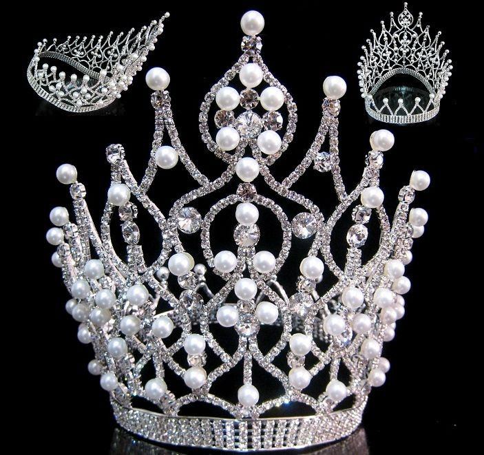 Majestic Rhinestone Pearls full Contoured Silver Crown - CrownDesigners