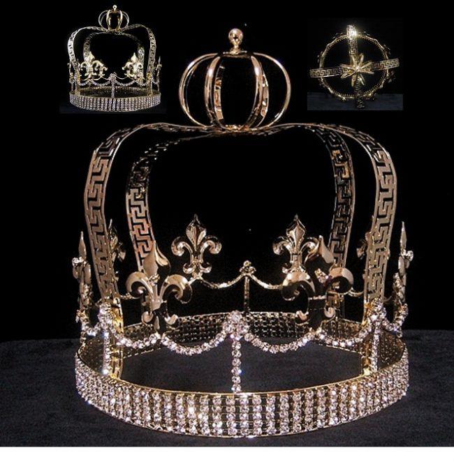 Fleur D Lis Gold Imperial State Men's Full  Rhinestone Crown - CrownDesigners