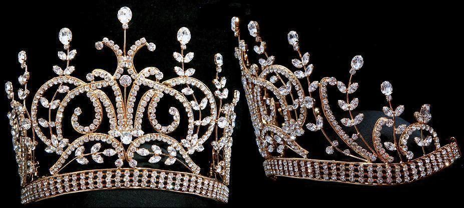 Large Gold Leaey-Spray 1905 English Rhinestone Pageant Crown Tiara - CrownDesigners