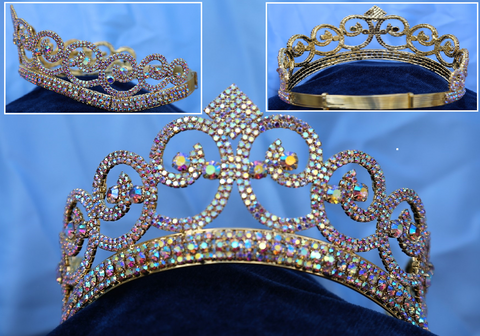 Adjustable Aurora Borealis Gold Rhinestone Crown Tiara