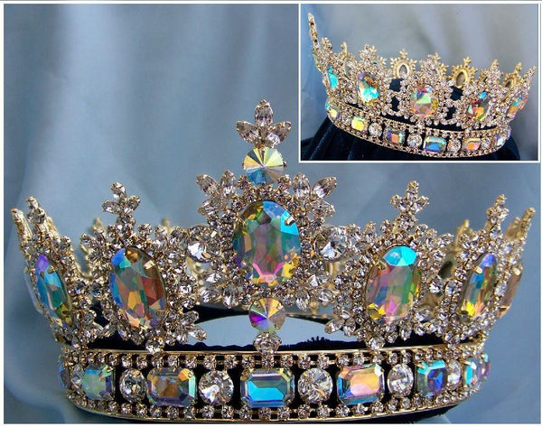 Men's Unisex Rhinestone Gold Full Clear Aurora Borealis Royal Premium Crown - CrownDesigners