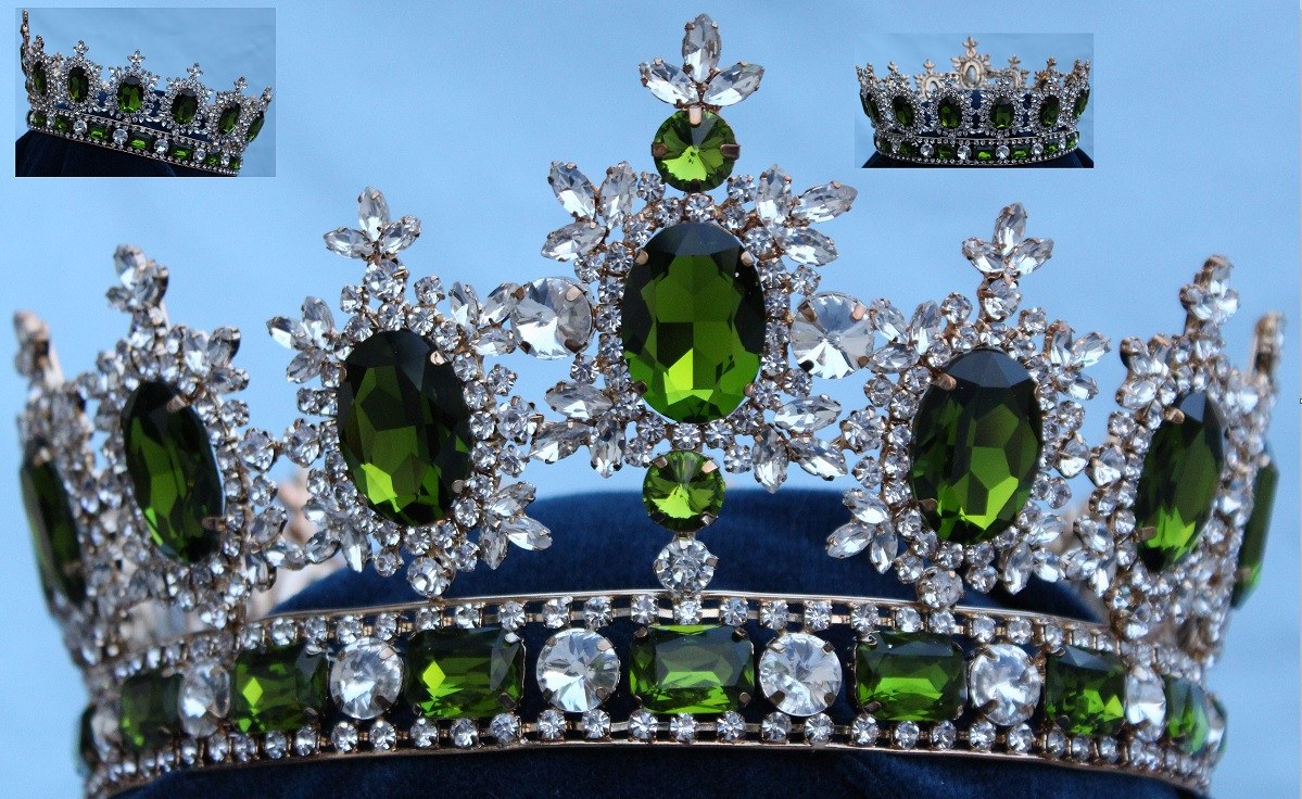 Men's unisex rhinestone Gold full Light Green Peridot Royal Premium  Crown - CrownDesigners
