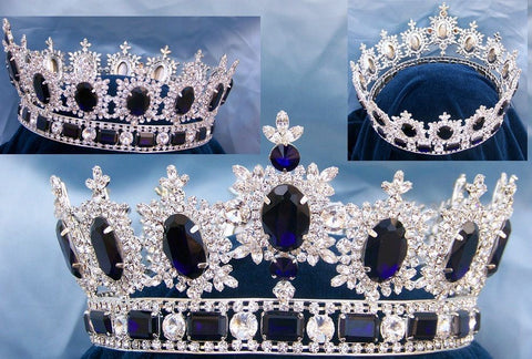 Men's Unisex Rhinestone Silver Full Mountain Dark Blue Royal Premium Crown - CrownDesigners