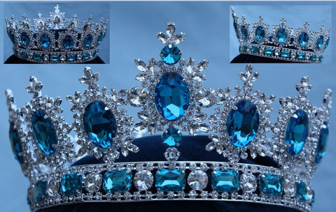 Men's Unisex Rhinestone Silver Full Light blue Acquamarine Royal Premium Crown - CrownDesigners