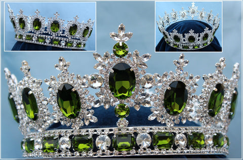 Men's Unisex Rhinestone Silver Full  Peridot Green Royal Premium Crown - CrownDesigners