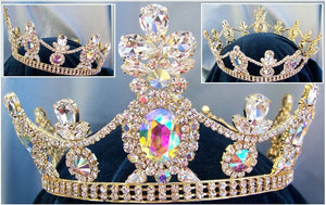 Crown/Royal Tsarina State Rhinestone Full Gold Queen, King Crown UNISEX Aurora Borealis - CrownDesigners