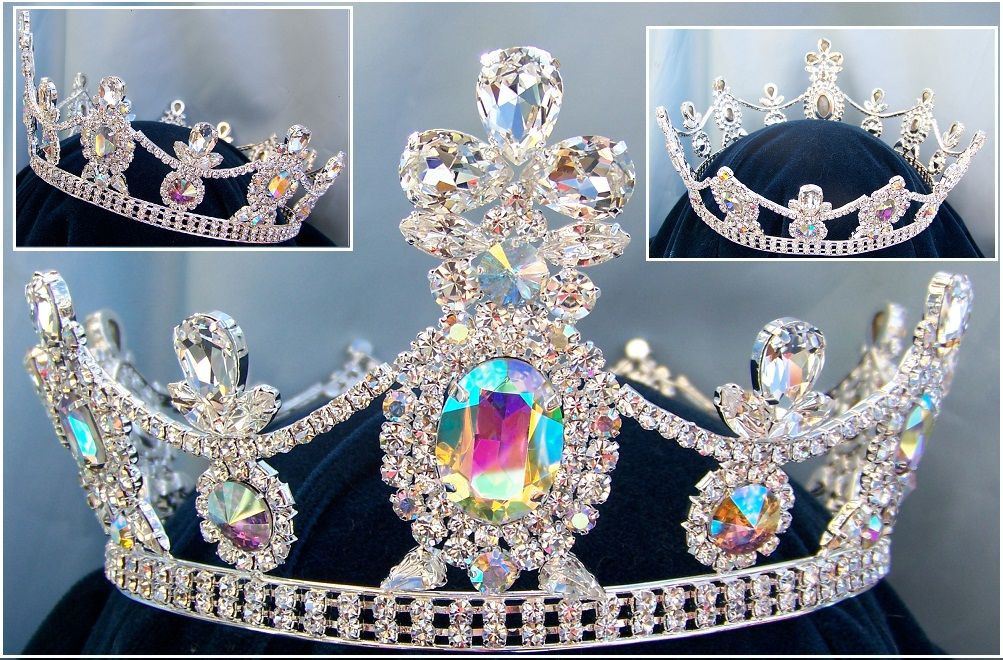 Crown/Royal Tsarina State Rhinestone Full Silver Queen, King Crown UNISEX Aurora Borealis - CrownDesigners