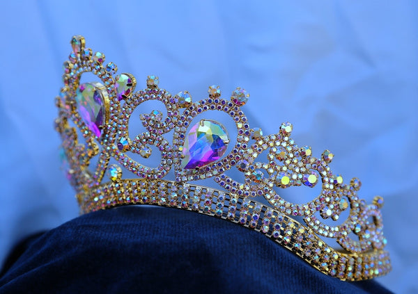 Aurora Borealis Gold Contoured Rhinestone Crown Tiara Apparel & Accessories