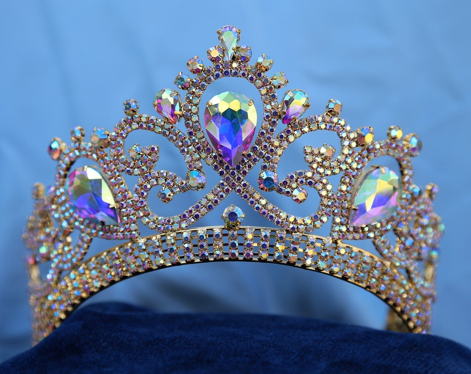 Aurora Borealis Gold Contoured Rhinestone Crown Tiara 