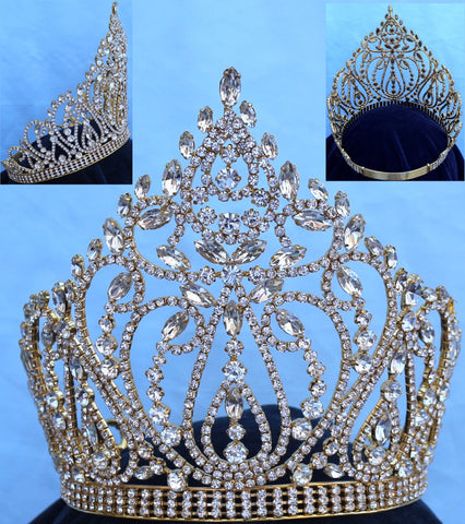 Beauty Pageant Rhinestone Queen Adjustable Gold Clear Crystal Crown Tiara
