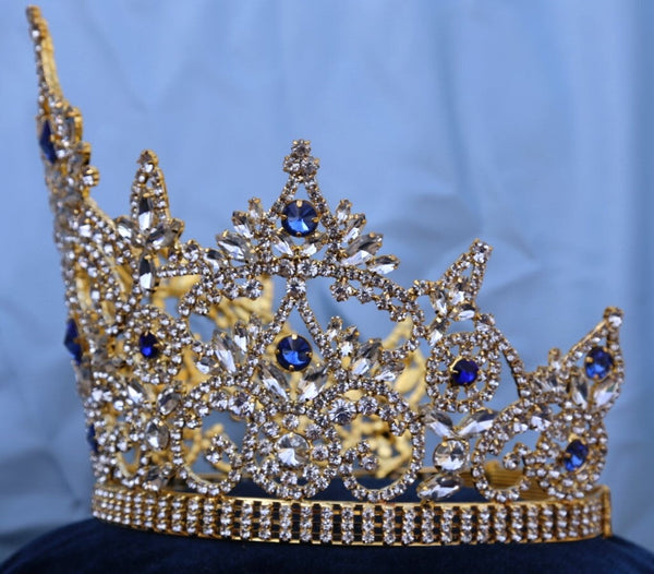 Continental Adjustable Gold Blue Sapphire Crown Tiara LARGE Queen,OVERSTOCK CLEARANCE