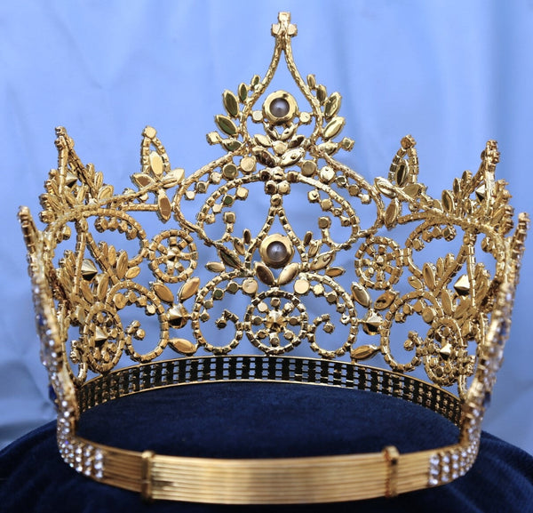Continental Adjustable Gold Blue Sapphire Crown Tiara LARGE Queen,OVERSTOCK CLEARANCE