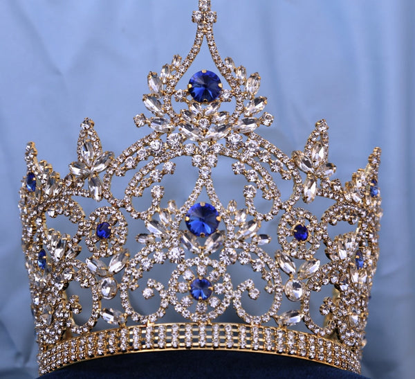 Continental Adjustable Gold Blue Sapphire Crown Tiara LARGE Queen,OVERSTOCK CLEARANCE